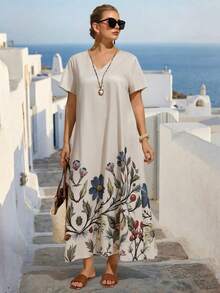 Linhara CURVE Große Größen Kleid mit Blume Muster, V-Ausschnitt, Lässig Urlaubskleid mit Kurzarm - Aprikosenfarben - Übersicht 6