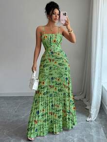 Elenzga Elegant Floral Print Pleated Tie-Front Backless Dress, Summer - Green - View 1