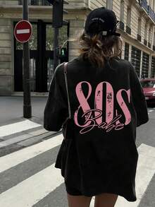 EMERY ROSE Women's Casual 80s Pattern T-Shirt - "80s" Letter Print, Short Sleeve, Round Neck, Summer Style, Four Seasons T-Shirt | Casual Style - Black - View 2