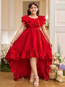 SHEIN Tween Girl Elegant Round Neck Multi-Layer Ruffle Front Short Back Long Dress Tween Girl - White - View 4