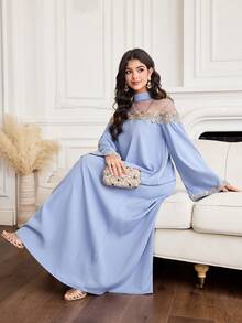 Yasmyna 女士立领喇叭袖复古网纱拼接宽松优雅阿拉伯连衣裙 - 藍色 - 查看 6