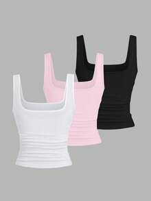 EMERY ROSE Áo tank top cổ tròn xếp ly dáng rộng cho nữ cỡ lớn, Áo tank top thời trang cỡ lớn cho nữ, Bộ 3 áo tank top cỡ lớn cho nữ, Áo tank top mùa hè cho nữ, Bộ 3 áo tank top nữ, Áo tank top gân, Áo tank top bó sát, Áo tank top nữ - Nhiều màu - Xem 2