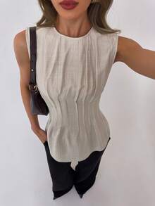 Aloruh 女士优雅通勤圆领收腰褶皱无袖衬衫 - 卡其色 - 查看 7