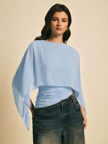 Poéselle 女士纯色圆领短款不对称下摆时尚简约衬衫 - 淺藍色 - 查看 4