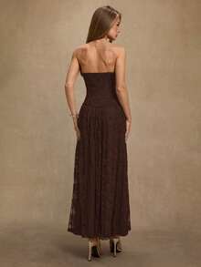 SHEIN BAE 黑色蕾丝无袖V领开衩褶皱连衣裙，适合鸡尾酒会、浪漫约会、秋冬叠穿、派对、正式聚会、夜店、万圣节、圣诞节等场合。 - 咖啡棕 - 查看 2