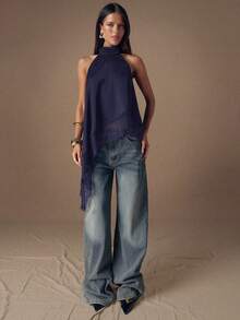 SHEIN BAE 优雅蕾丝拼接露背吊带背心，性感缎面无袖上衣，适合派对、鸡尾酒会、正式场合、圣诞节、商务休闲等场合。 - 藏蓝色 - 查看 3