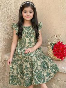 SHEIN 女孩休闲度假印花连衣裙 - 綠色 - 查看 1