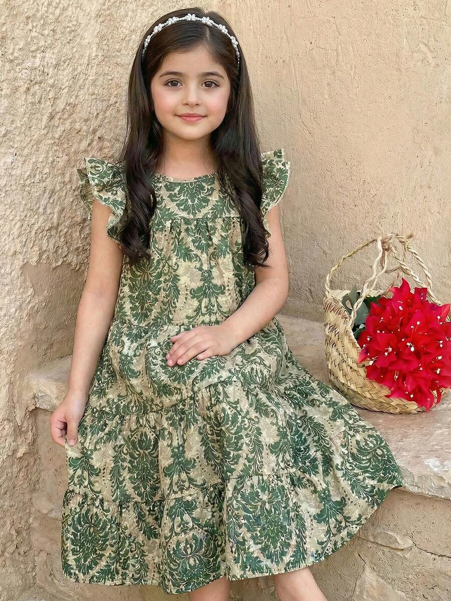 SHEIN 女孩休闲度假印花连衣裙 - 綠色 - 查看 1