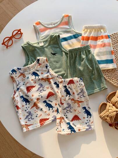 SHEIN 6pcs/Set Unisex Baby Boy/Girl Casual Summer Cute Cartoon Pattern Knit Vest & Elastic Waist Shorts Set, Spring/Summer Baby Boy Clothes, Outfits, Baby Boy Short Sleeve Top Dinosaur Clothes Toddler Sets Summer Dinosaur Baby Outfit Boy Summer Sets