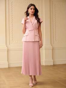 ZEYLAH Elegant Lady's V-Neck Pleated A-Line Midi Dress, Light Pink, Spring/Summer - Dusty Pink - View 4