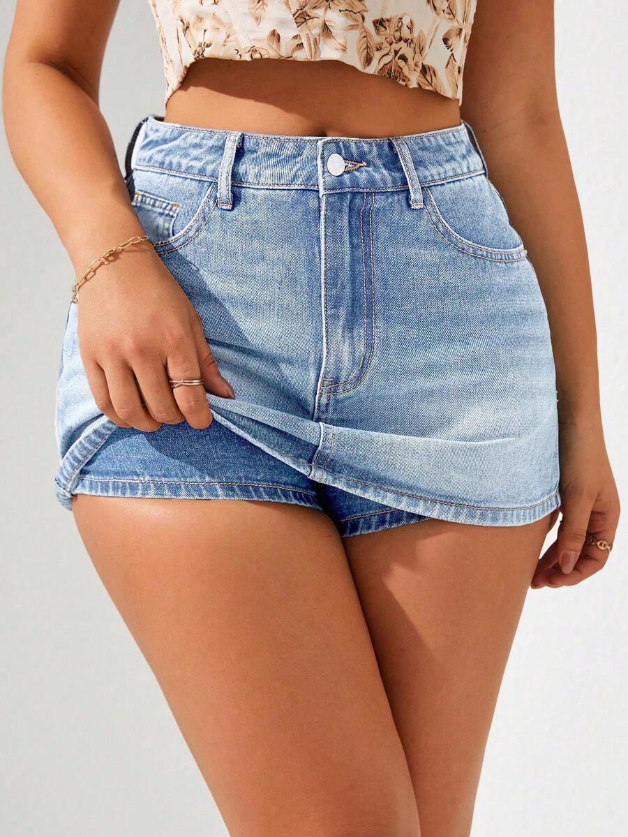 SHEIN Privé 夏季休閒修身迷你牛仔裙 - 淺色水洗藍 - 查看 1