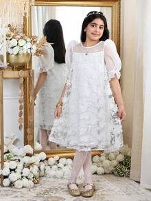 SHEIN 少女3D立体花朵圆领泡泡袖A字连衣裙，小公主裙，婚礼季礼服，花童礼服，白色连衣裙 - 白色 - 查看 5