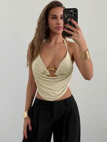 Aloruh Women's Solid Color Metal Decor Sexy Ruched Halter Neck Camisole - Green - View 3