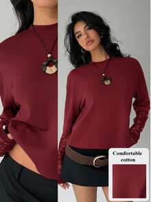 Aloruh Women's Solid Color Minimalist Everyday Lace Splice Sleeve T-Shirt - Burgundy - View 10