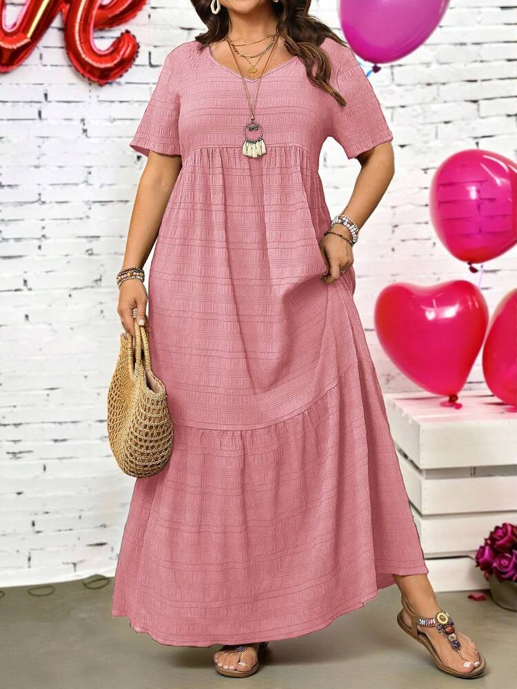 Plus Size Women's Summer Casual Vacation Solid Color Pink Short Sleeve Long Dress, Casual Resort Wear For Early Spring Long Summer Dress Plus Short Sleeve Long Dress,Spring Break Outfits ,Vacation Outfits Women ,Holiday Outfits For Women,Going Out Outfits,2026 New Clothes,Simple And Fashionable For Everyday Wear,Summer Dress,Dress Modest,Sun Dresses For Women,Sundress,Flowy Dress,Holiday Outfits Boho