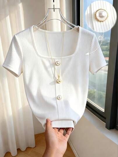 Franclia Camiseta ajustada de manga corta con cuello cuadrado de color albaricoque sólido y diseño minimalista para mujer, adecuada para uso diario, con decoración de botones, diseño minimalista, para verano, versátil