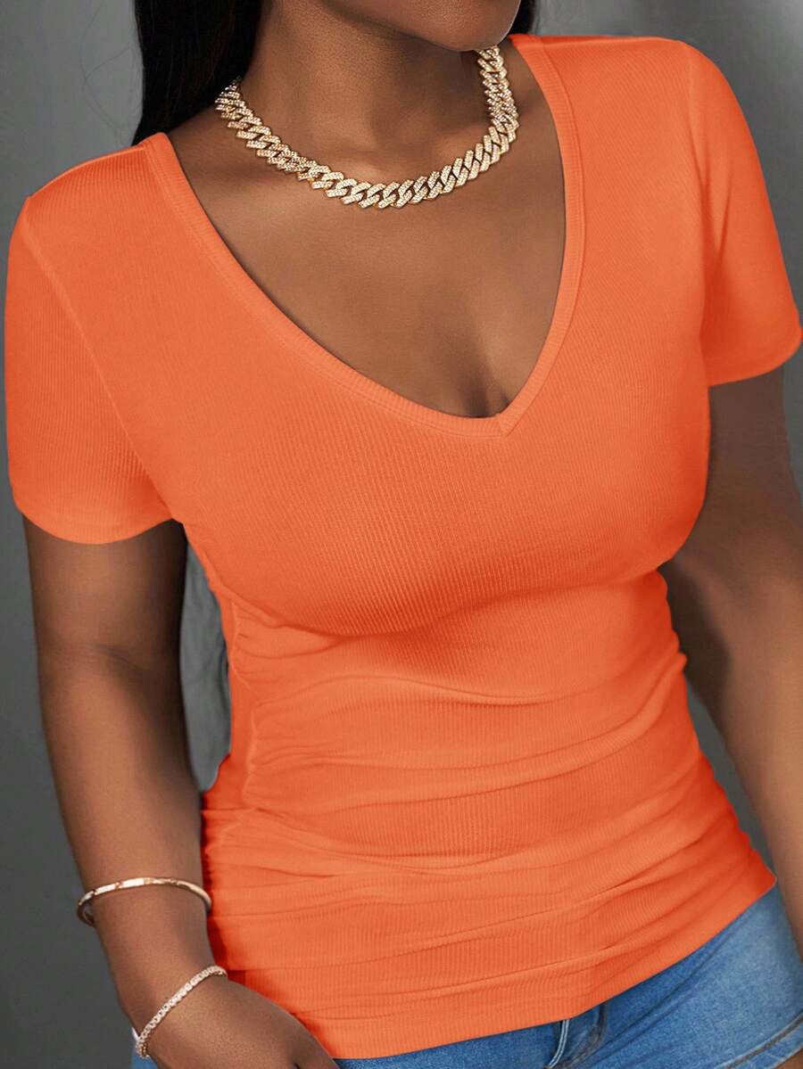 Slaydiva Plus Size Orange Knitted V Neck T-Shirt With Ruched Detail Regular Short Sleeve Top