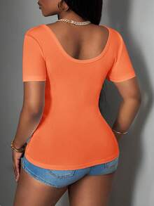 Slaydiva Plus Size Orange Knitted V Neck T-Shirt With Ruched Detail Regular Short Sleeve Top - Orange - View 3