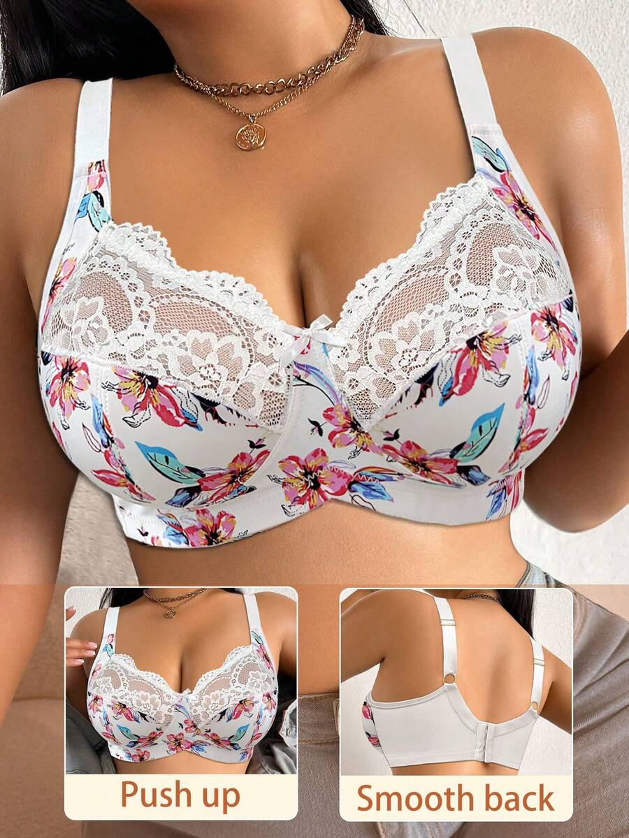 DesireSculpt 1pc Plus Size Lace Patchwork Wireless Bra - Multicolor - View 1