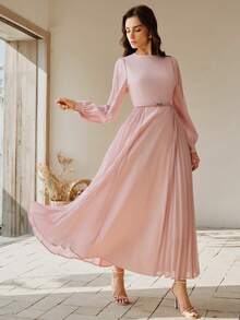 Anewsta 女士褶裥优雅收腰连衣裙 - 粉色 - 查看 7