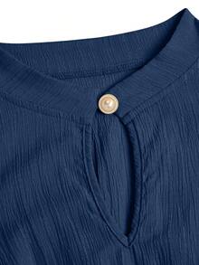 SOLERSUN Plus-Size Women's Fashion Solid Color Loose Casual Stand Collar Front Slit Teardrop Button High-End Design Tie-Waist Slim A-Line Long Dress, Elegant, Comfortable, Casual And Fashionable Commuter Dress - Navy Blue - View 7