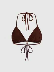 ROMWE Avant Y2K Island Vacation Summer Sexy European And American Faux Fur Knit Bikini Top For Women - Brown - View 2