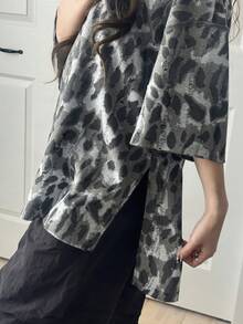 FRIFUL Women's Oversized Round Neck Short Sleeve Loose Leopard Floral Print T-Shirt - White - View 2