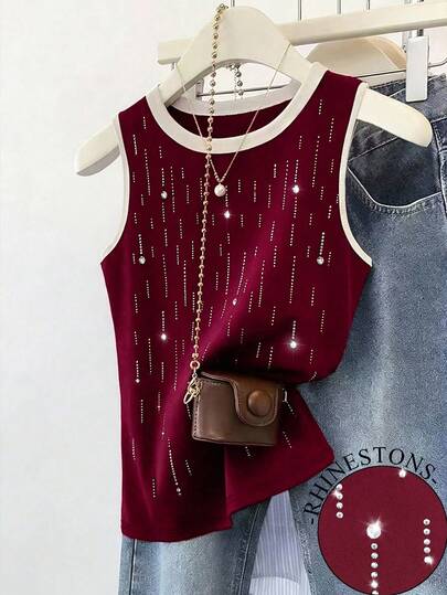 Resyla Women's Rhinestone Decor Contrast Color Round Neck Casual Tank Top