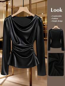 GlowEve CURVE Plus Size Solid Color Elegant Waist Cinched Long Sleeve Casual Blouse Draped Top Lokal-Valentinsverkauf Tops For Women Elegant Long Sleeve Black Top Satin Blouses For Women Satin Cowl Neck Top God - Black - View 1