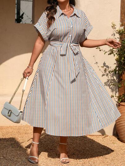 Auvina 大码条纹印花修身纽扣系带休闲短袖连衣裙