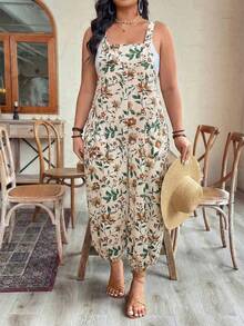 EMERY ROSE Bộ áo liền quần in họa tiết dành cho nữ cỡ lớn, có thể điều chỉnh eo, thời trang cho kỳ nghỉ xuân/hè. - Màu be - Xem 5