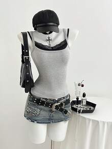 Elamini 女士休闲蕾丝边无袖吊带背心，仿二合一设计，灰色，春夏搭扣上衣，适合摇滚音乐会、女式音乐会、时尚游乐园等场合。 - 灰色 - 查看 4