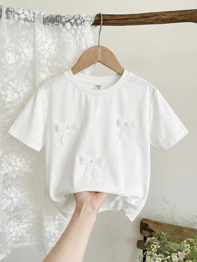 LMoss Kids 女童纯色圆领短袖蝴蝶结装饰休闲T恤，夏季