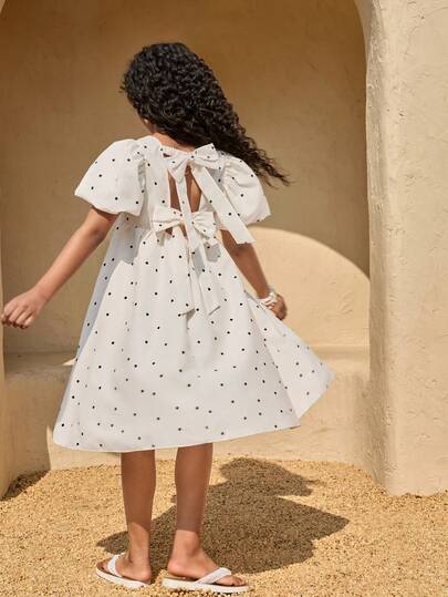 Tween Girls Casual Cute Polka Dot Petal Sleeve Hollow Back Bow Decor Doll Dress Princess Dress