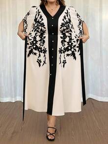 SHEIN CURVE+ Curve 尺码 US22 音乐节、海滨度假、波西米亚风女士撞色印花长连衣裙，印花腰带连衣裙 - 彩色 - 查看 7