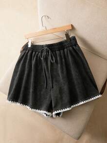 Elaquor 大码女式腰带花边休闲宽松短裤 春夏休闲度假短裤 - 黑色 - 查看 2