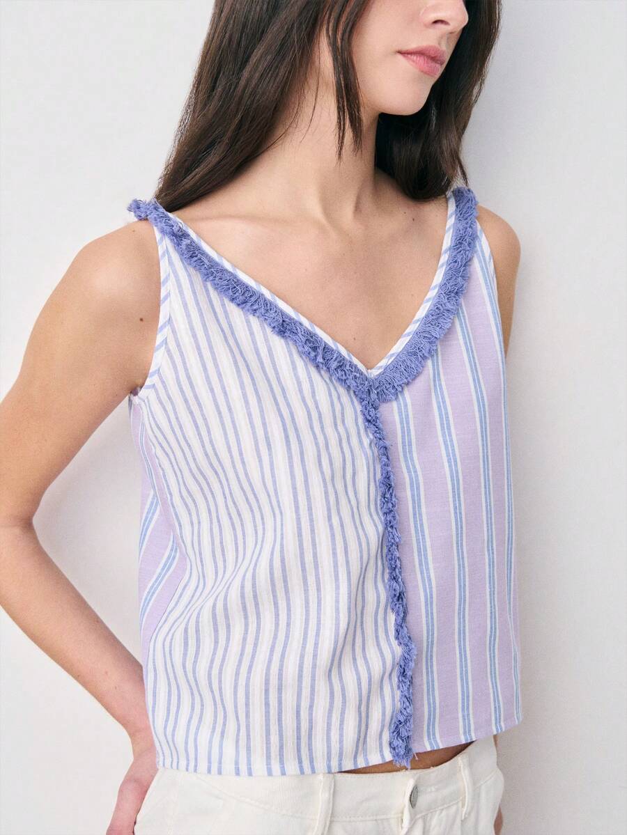 Nöista Sleeveless Top With Contrasting Vertical Stripes And Fringed Trim Along The Neckline And Center. Spring, Summer, Easter. - Multicolor - View 1
