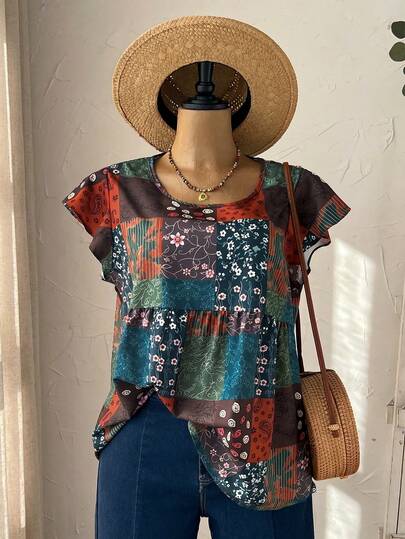 EMERY ROSE Camisa de manga corta con estampado de patchwork y cuello de solapa para vacaciones, tallas grandes, conjunto de ropa de verano para mujer