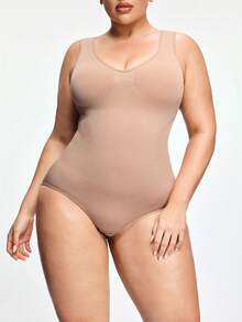 SHAPORA 女士无缝V领塑身连体衣，纤体塑形，收腹提臀，紧身包臀连体衣，可作外衣穿着 - 杏色 - 查看 4