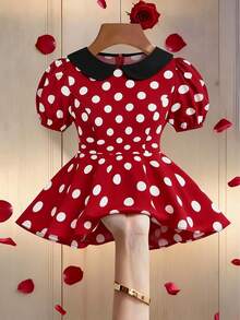 Elenzga Valentine's Day Lantern Sleeve Contrast Collar Polka Dot Women Blouse - Red - View 1