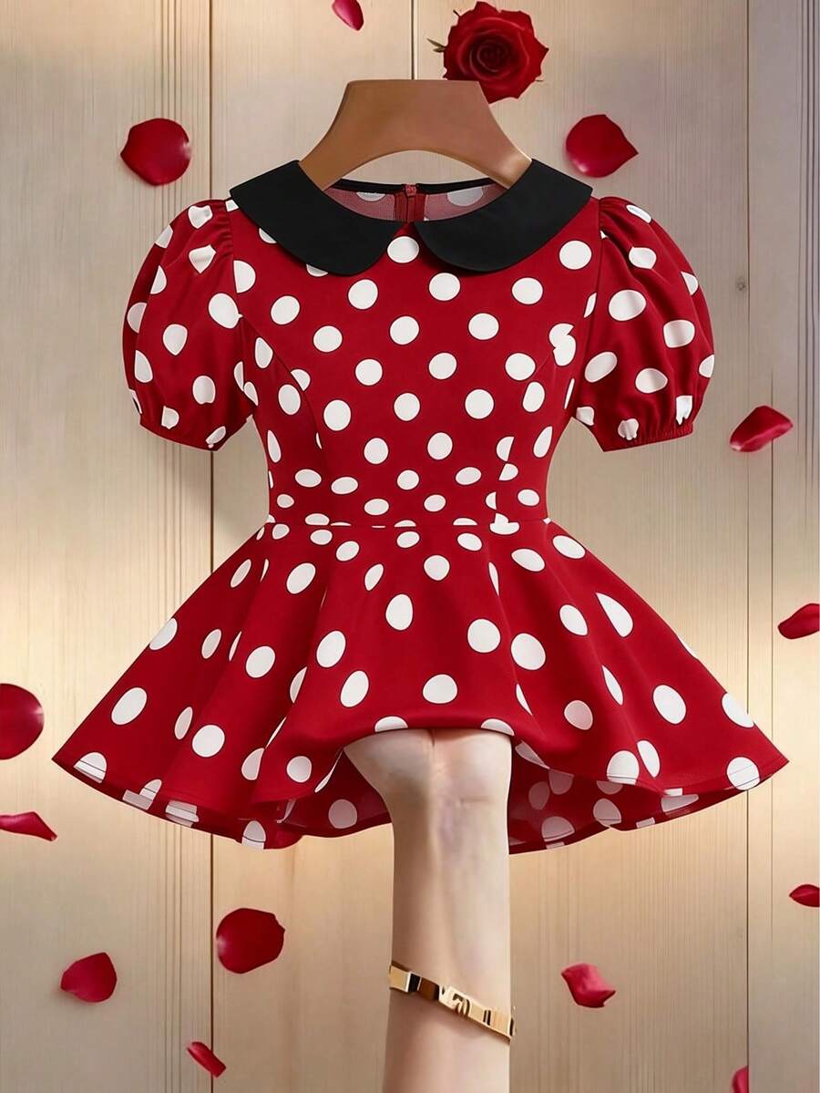 Elenzga Valentine's Day Lantern Sleeve Contrast Collar Polka Dot Women Blouse - Red - View 1