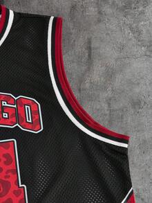 AXEPEAK 男士休闲豹纹字母数字图案背心，夏季 - 黑色 - 查看 4