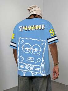 SpongeBob SquarePants | SHEIN Camiseta de manga corta con cuello redondo con estampado de letras y dibujos animados para hombres - Blanco - Ver 3