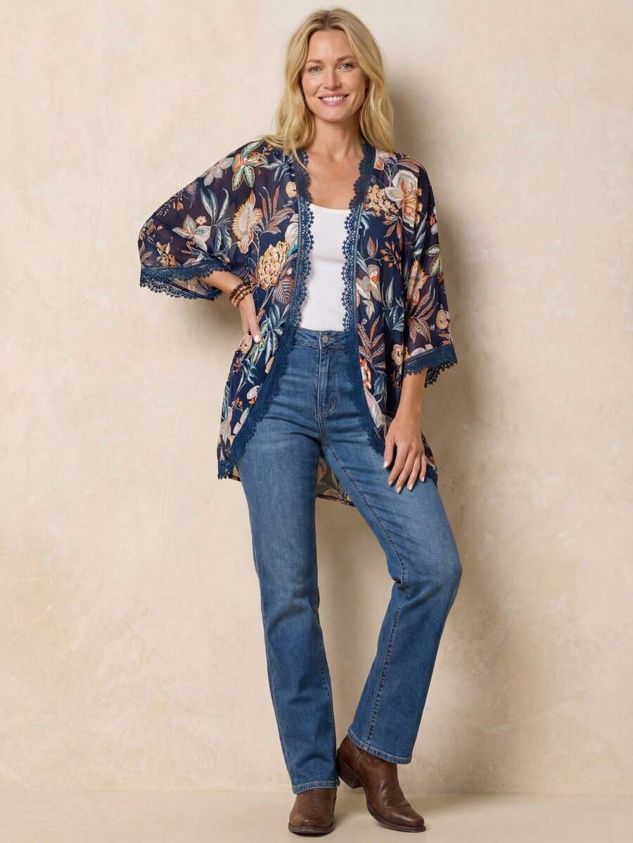 EMERY ROSE Tropical Print Contrast Lace Batwing Sleeve Kimono Summer - Multicolor - View 1