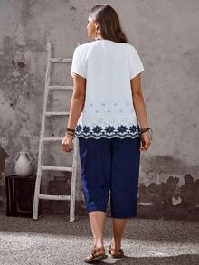 EMERY ROSE 两件套加大码女式短袖圆领衬衫和七分袖上衣，简约时尚，夏季度假/休闲装，夏季七分裤套装，女式衬衫裤套装，蓝白配色女式夏季裤装套装，加大码女式七分裤两件套休闲套装，加大码夏季七分裤两件套，女式休闲装，女式夏季装，女式春季装，女式度假套装，女式裤装和衬衫套装，女式休闲两件套，女式休闲夏季装 - 彩色 - 查看 5