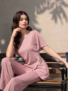 Mulvari Women's Asymmetrical Hem Ribbed Knit Pink T-Shirt - Pink - View 1