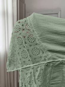 SHEIN Frenchy Áo kiểu mùa hè cỡ lớn, màu trơn, tay cánh dơi, phối ren. - màu xanh lá - Xem 7