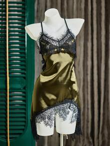 SilkySpell Faux Silk Lace Patchwork Criss-Cross Backless Sexy Women Camisole Nightgown - Army Green - View 7
