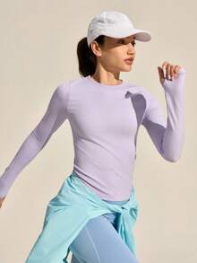 Exploreva 女士纯色圆领长袖休闲健身户外T恤 - 淡紫色 - 查看 5