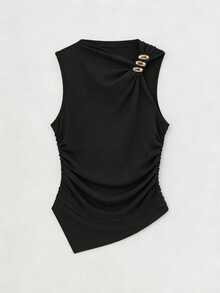 Lumivelle Casual Fashionable Metal Decor Waist Ruched Slim Fit Camisole Black Sleeveless Top - Black - View 3